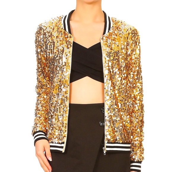 gold sequin bomber jacket womens
